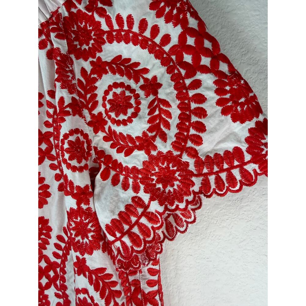 John Mark Red White Embroidered Peasant Blouse Boho Medallion Top Sz MD - Picture 6 of 7